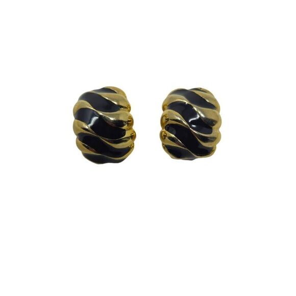 Vintage Swirled Black and Gold Round Clip-On Earrings | 1.12" Bold Retro Style - Picture 2 of 4